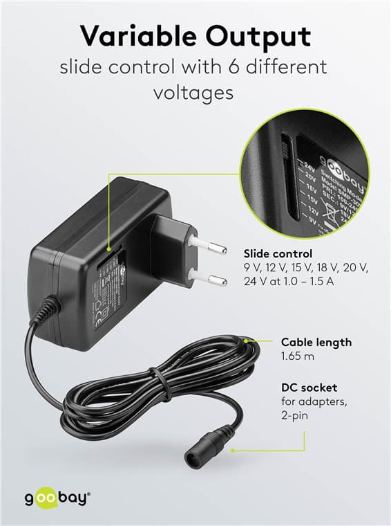 Goobay universalnätadapter 9–24 V, 24 W, 1,5 A