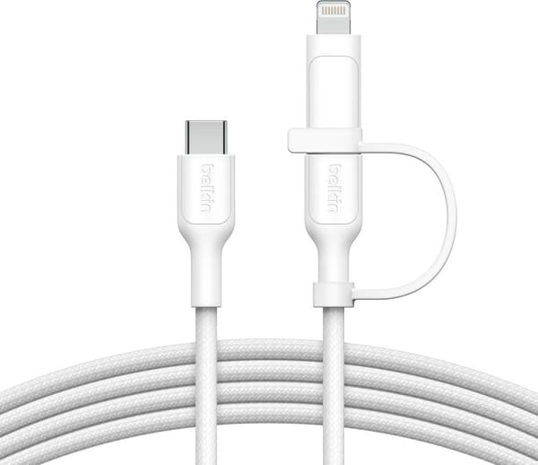 Belkin 2-i-1 USB-C + Lightning-kabel, vit