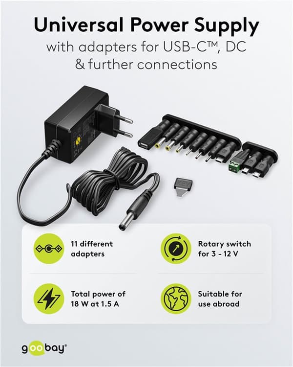 Goobay universalnätadapter 3–12 V, 18 W, 1.5 A