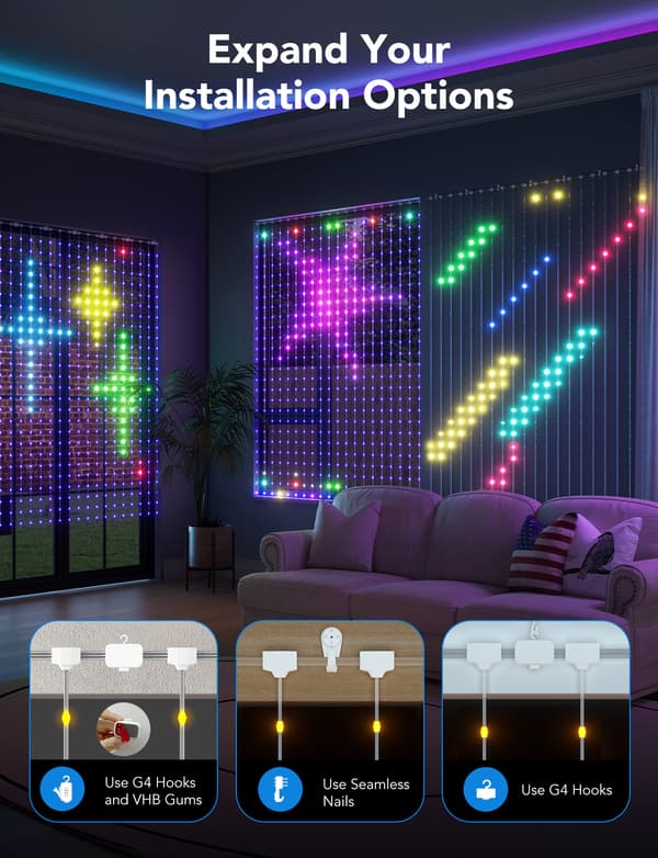 Govee Wi-Fi & Bluetooth Gardin LED-ljusslinga, 2000 mm