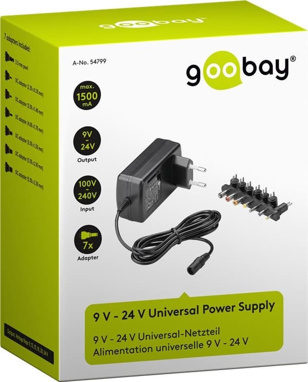 Goobay universalnätadapter 9–24 V, 24 W, 1,5 A