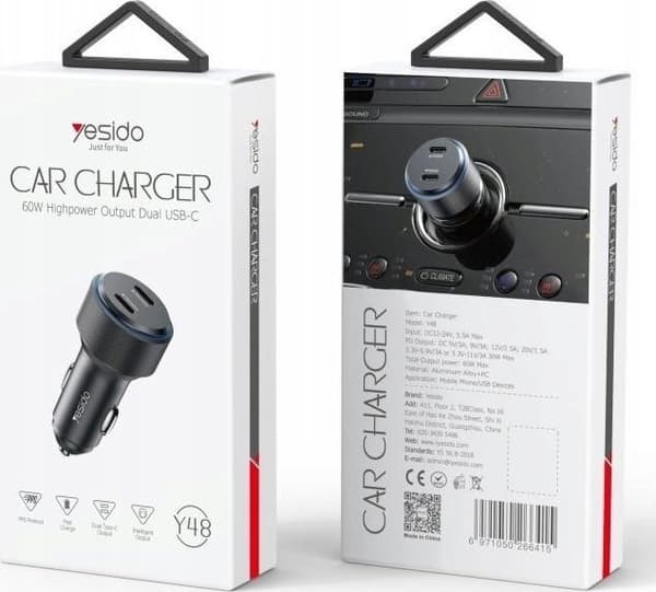 Yesido Y48 autonadapteri musta 60W 2xUSB-C