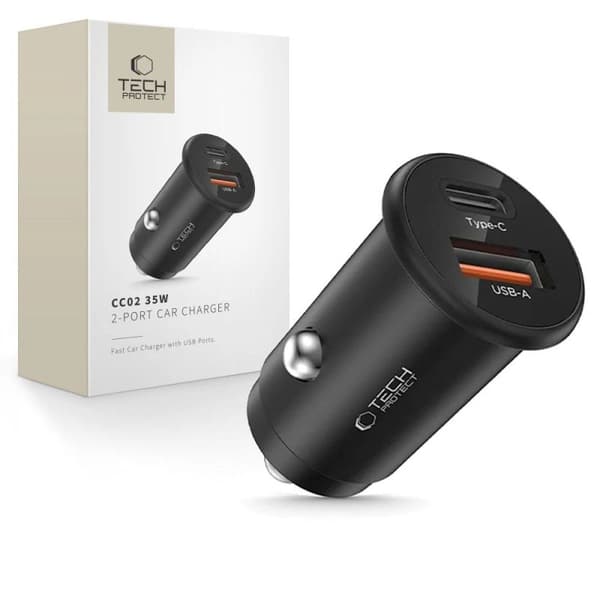 Tech-Protect CC02 biladapter 35W USB-A/USB-C sort