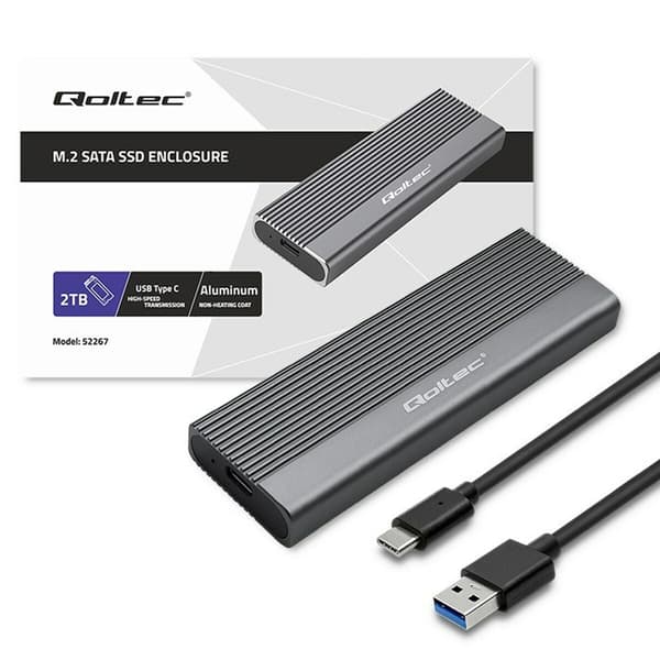 Qoltec 52267 SSD-kotelo M.2 SATA USB-C 2TB Harmaa