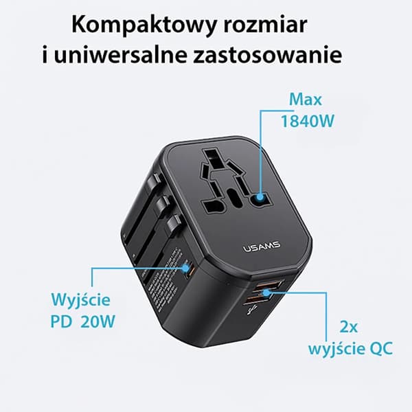 USAMS T59 rejseadapter 20W 4i1 med 2xUSB og 1xUSB-C