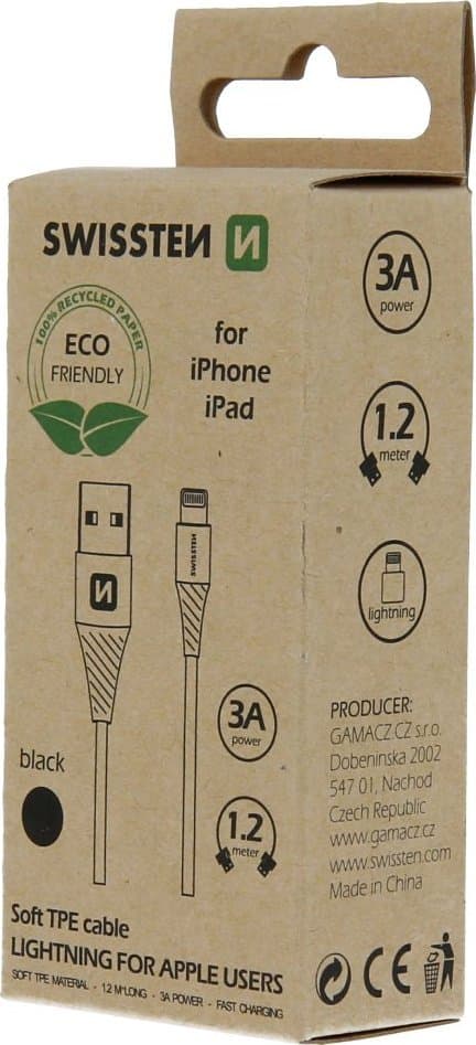 Swissten usb-a lightning-kaapeli 1.2m musta