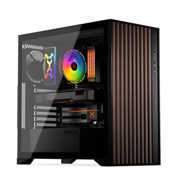 Krux Palum svart midi tower PC-chassi med träfront