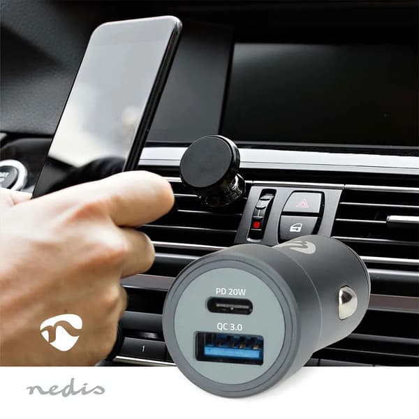 Nedis biloplader 38W USB-A USB-C dual-port Sølv