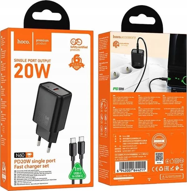 Hoco n60 vægoplader USB-C 20W med kabel USB-C til Lightning 1m sort