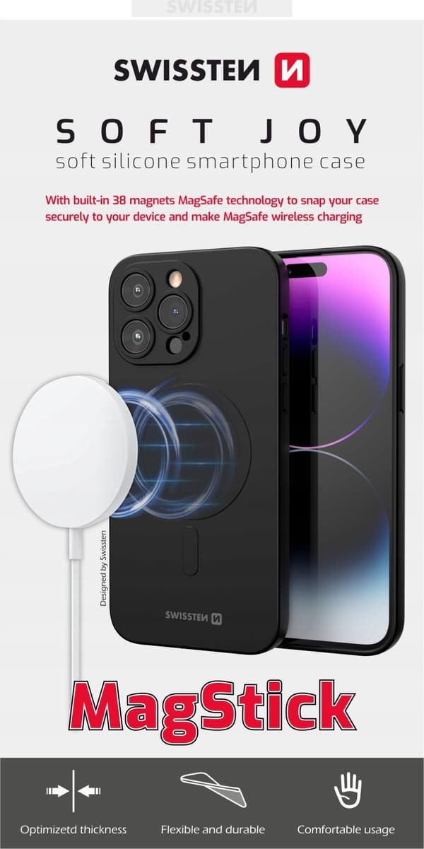 Swissten Soft Joy MagStick -kotelo iPhone 15 Plus:lle musta
