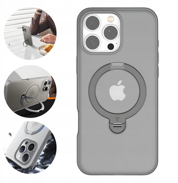 Torras Ostand Spin i grått (titanium grey) - skyddande silikonetui för iPhone 16 Pro Max