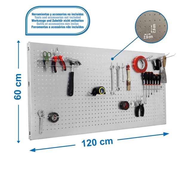 Simonrack panelclick værktøjsopbevaringspanel sølv 1200x600 14 kroge 3 tilbehør