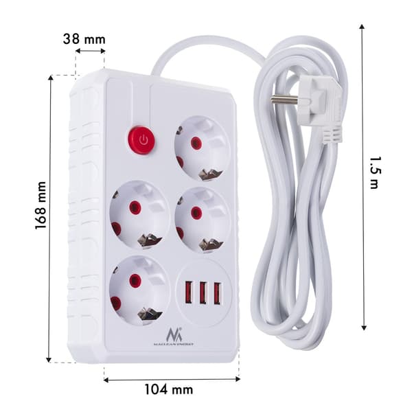 Mac-Lean mce392 strømstik 4 stik 3 USB 2500W 1.5m hvid
