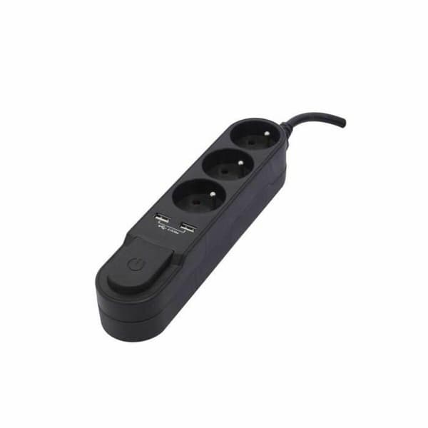 Chacon multiprise noir avec 3 prises 16 A et 2 sorties USB 2,1 A