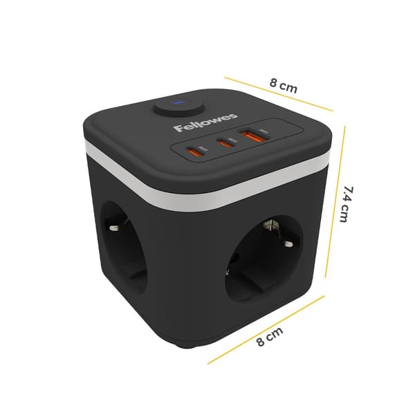 Fellowes 100137168 Power Cube med 3 stik og 3 USB-porte (2xUSB-C, 1xUSB-A)