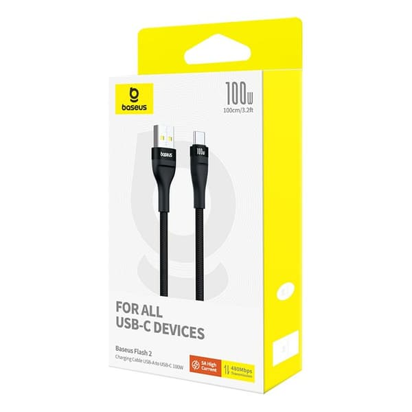 Baseus Flash 2 USB A - USB C nopea latauskaapeli 100W 1m musta