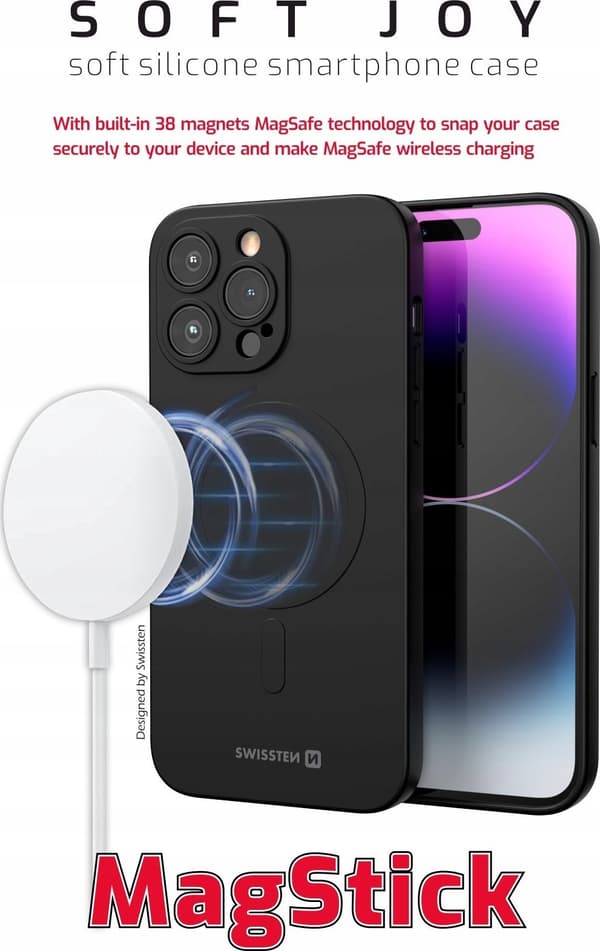 Swissten Soft Joy MagStick -kotelo iPhone 15 Plus:lle musta