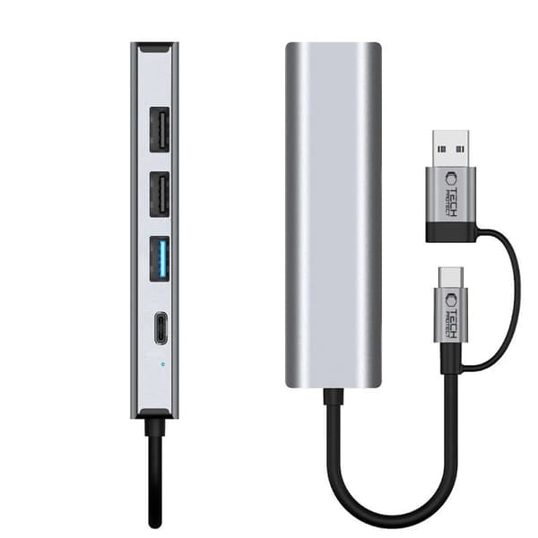 Tech-Protect hb03 HUB Adapter 5in1 USB-C + USB 2.0 + USB 3.0 + RJ45 Grå