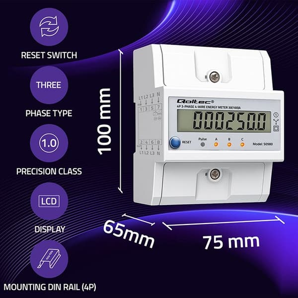 Qoltec trefaset elektronisk energimåler 100A