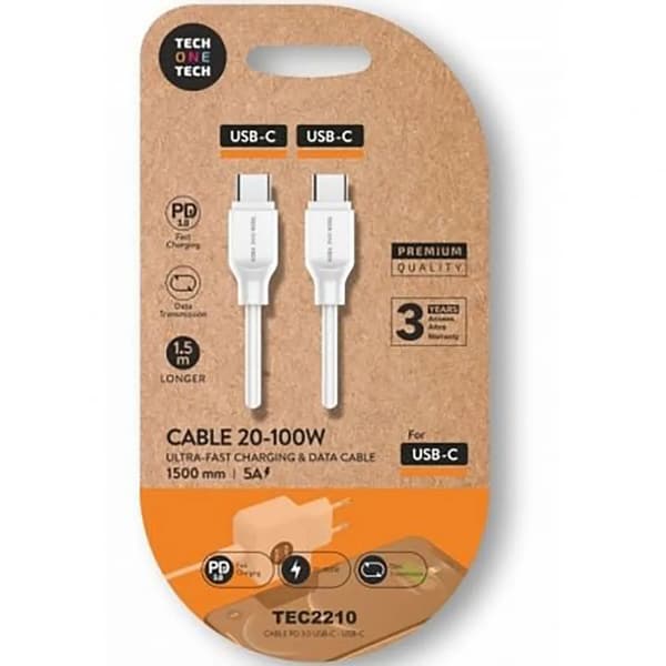 Tech One Tech tec2210 USB-C kaapeli 100W 1,5m valkoinen