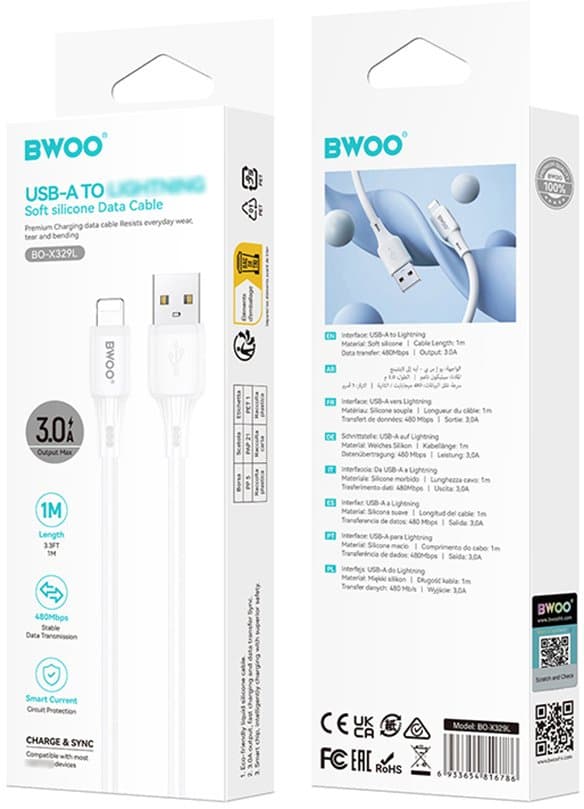 bwoo x329l USB Lightning-kabel 3A vit