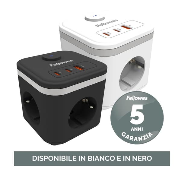 Fellowes 100137168 Power Cube med 3 stik og 3 USB-porte (2xUSB-C, 1xUSB-A)