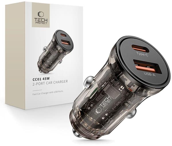 Tech-Protect CC01 sort biloplader med 2 porte (USB-A og USB-C)