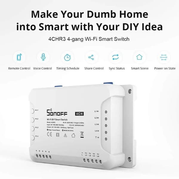 Sonoff 4CHR3 smart switch 4 kanaler Wi-Fi hvid