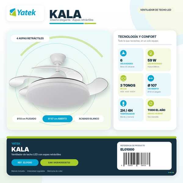 Yatek KALA loftventilator hvid 59W LED