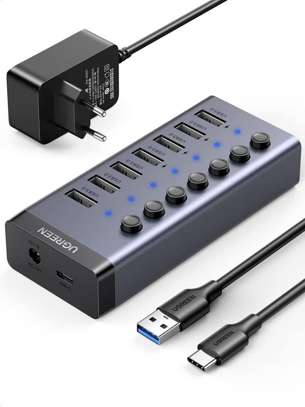 Ugreen Hub USB-C 7x USB-A 3.0:lle, PD, DC 12V - Harmaa