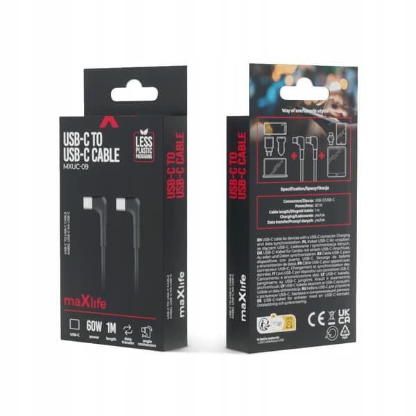 techonic mxuc-09 USB-C kabel 1m 60W svart