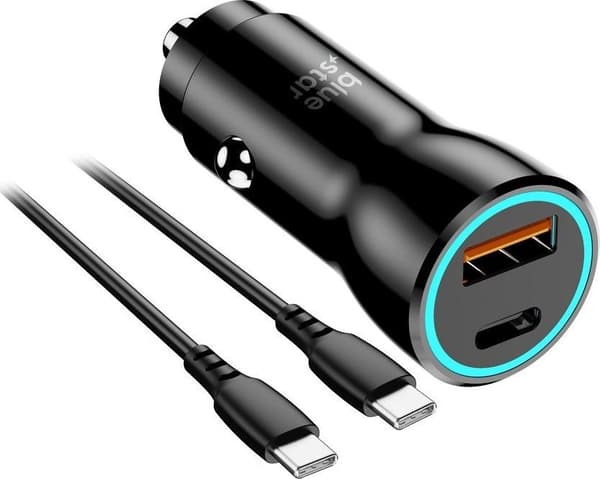 Blue Star biloplader USB-C + USB-A QC3.0 30W + kabel USB-C til USB-C sort