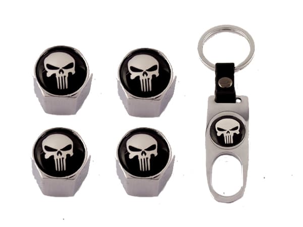 Ventilhattar Punisher 4 st och nyckelring i krom. Exklusivt set