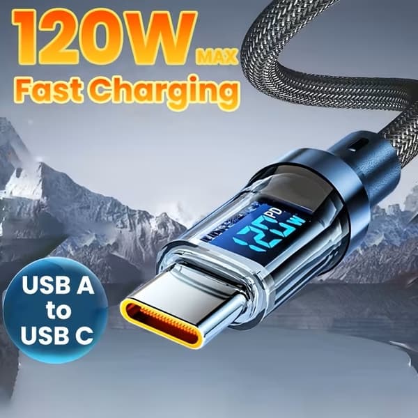 Snabbladdningskabel 2meter PD 120w USB-A to Type C med display