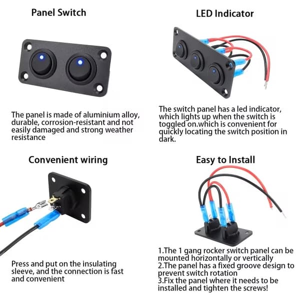 Panel med 4x Strömbrytare 12v 20A avbrytare vaggströmställare blå
