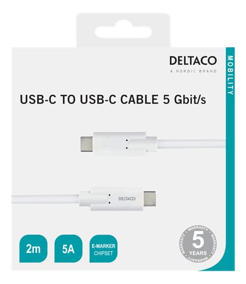 REA Deltaco USB-C-kabel data- o laddkabel 5 Gbit/s, 5A, 2m, vit