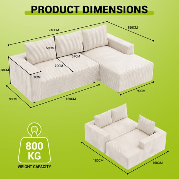 L-Formad Soffa i Manchester, Modulär Soffa med Schäslong, Djup Sits, Ingen Montering Krävs