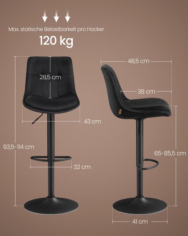 Barstolar, 2-pack, i sammet, höjdjusterbara, vridbara, bläcksvarta