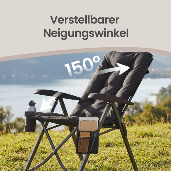 Campingstol, justerbart ryglæn 95°-150°, 6 cm polstring