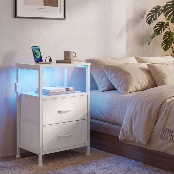 Sengebord med LED-belysning og opladestation