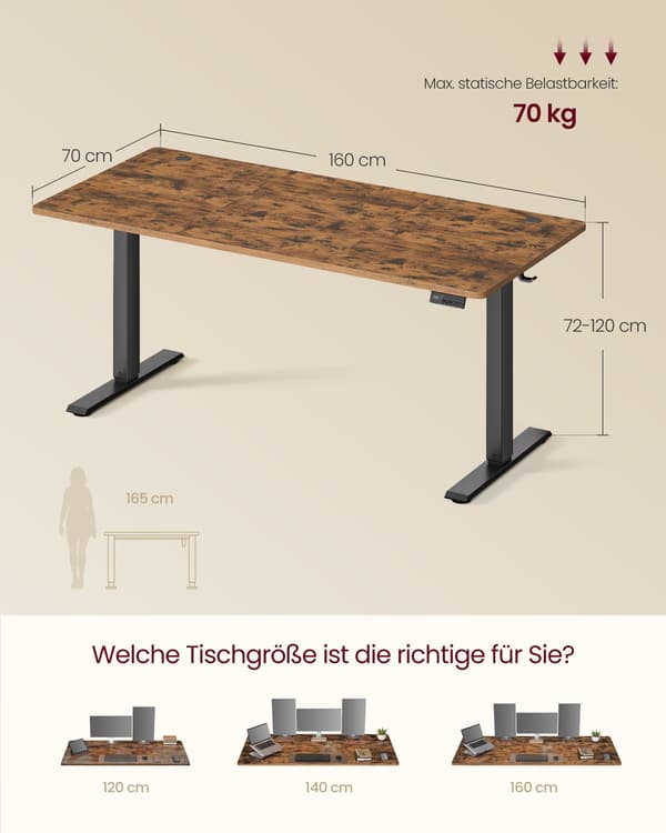 Højdejusterbart skrivebord 160 x 70 cm, brun