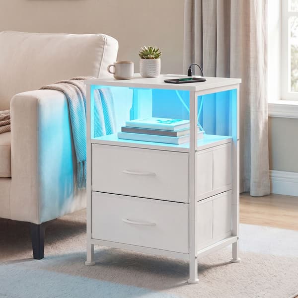 Sengebord med LED-belysning og opladestation