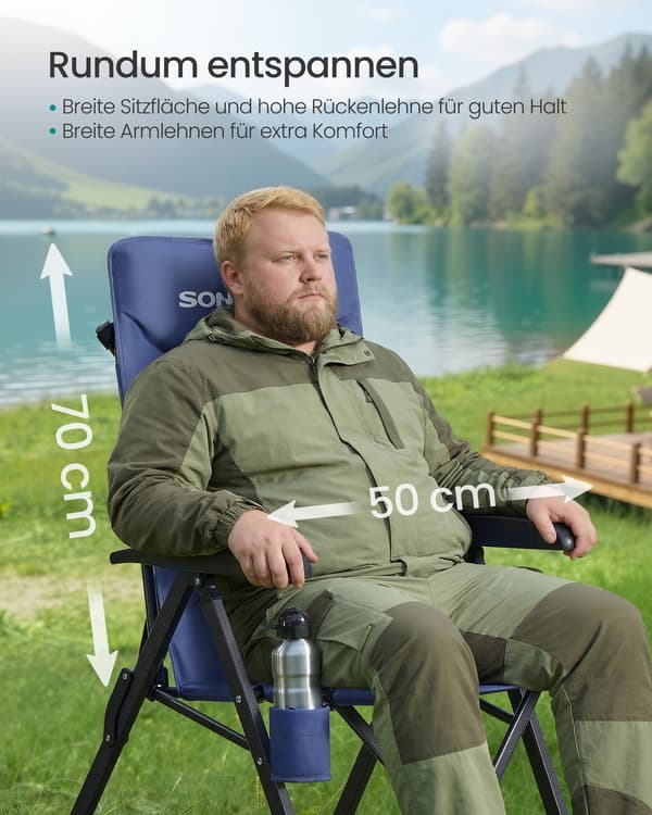 Sammenklappelig campingstol med justerbart ryglæn, blå