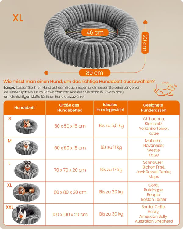 Hundeseng 80 cm diameter, vaskbar, duvegrå