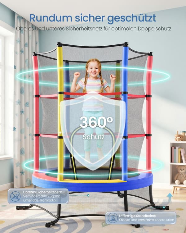 Trampolin til børn, 174 cm trampolin med sikkerhedsnet, kantbeskyttelse