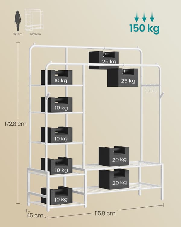 Klädställ med 7 hyllor för sovrum, vitt