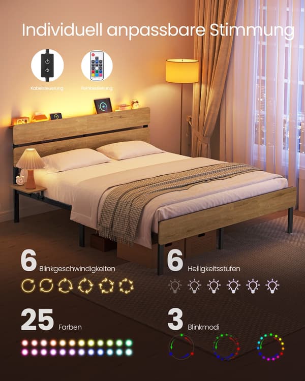 Dobbeltsengestel 160 x 200 cm med belysning, naturbrun