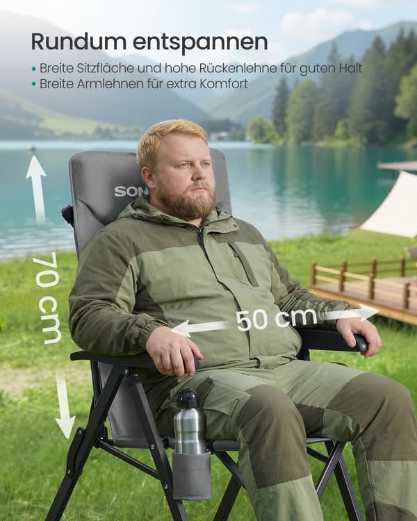 Sammenklappelig campingstol med justerbart ryglæn, grå