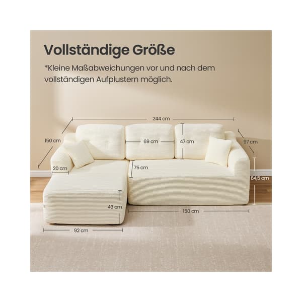 Modulär hörnsoffa 244 cm med schäslong, krämvit