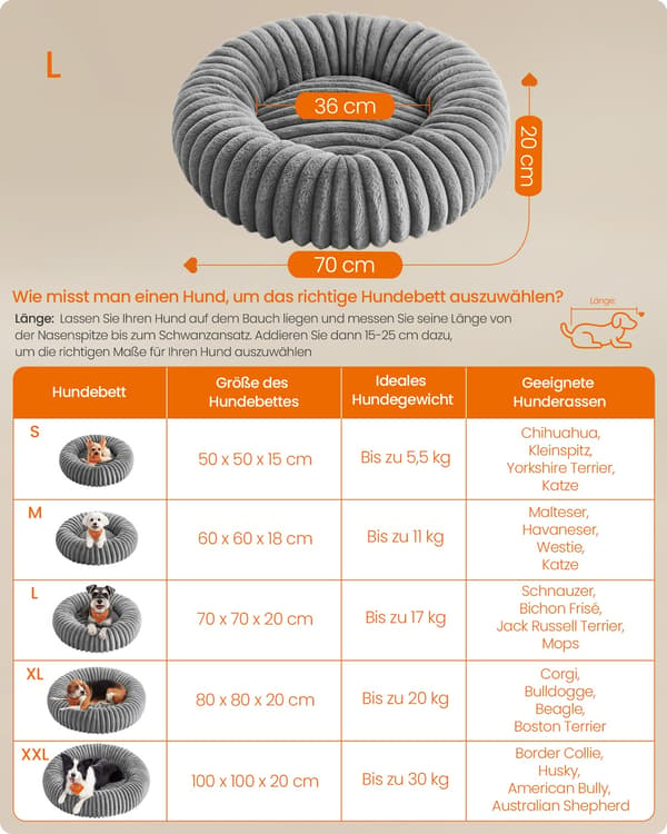 Hundeseng 70 cm diameter, vaskbar, duvegrå
